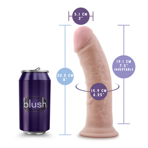 blush Au Naturel 8 Inch Vanilla Dildo measurements: Product width: 5.1 cm / 2"; Product length: 20.3 cm / 8"; Insertable circumference: 15.9 cm / 6.25"; Insertable length: 19.1 cm / 7.5". On the left side of the image is a regular sized coke can, with the bush logo on it, as a scale showing the size of the product compared to a regular sized can of coke.