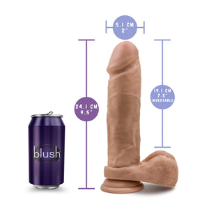 blush Au Naturel 9.5 Inch Dildo measurements: Product width 5.1 cm / 2"; Product length: 24.1 cm / 9.5"; Insertable length: 19.1 cm / 7.5". On the left hand side from the product is a regular sized can with a blush logo on it, showing a scale dsize of the product.