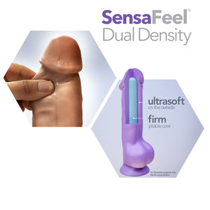 Sensa Feel Dual Density. Left image showing fingers pinching under the tip of the blush Au Naturel 9.5 Inch Dildo. Right image showing an illustrated diagram of the product's layers, and is written: ultrasoft on the outside (pointing to the outer material); firm pliable core (pointing to the inside material of the product).