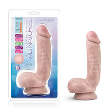 Load image into Gallery viewer, On the left side of the image is the packaging for the product. On the package is written (left to right): Sensa Feel dual density: Soft outer layer; Firm inner core; Flexible spine. Phthalate free; Fragrance free; Flexible spine; Harness compatible; Suction Cup base; Laboratory Certified body safe. Au Naturel blush Anthony. On the right side of the image is the product blush Au Naturel Anthony side view, placed on the suction cup.