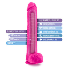 Load image into Gallery viewer, blush Au Naturel Bold Daddy 14 Inches Dildo features: Sensa Feel Dual Density Soft Outer layer (pointing to the outer material), Firm Inner core (pointing to the gridded illustration); Flexishaft (pointing in to the inner spine of the product); Blend of X5 &amp; X5 Plus TPE; Soft Realistic feel; Harness compatible; Sturdy suction cup base; Fragrance &amp; Paraffins free; Latex &amp; Phthalate free.