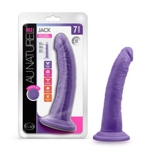 Load image into Gallery viewer, On left side of image is product packaging. On product packaging is written Au Naturel Bold Jack Sensa Feel Dual Density with an illustrated image of product: Soft outer layer; Firm inner core; Flexi Shaft, icons for: Flexible Shaft; Suction cup base; harness compatible; Phthalate free; Fragrance free, 7 Inches, laboratory certified body safe, in the middle is a cut out display of the product and on bottom left corner is blush logo. On right side of image is blush Au Naturel Bold Jack 7 Inches Dildo.