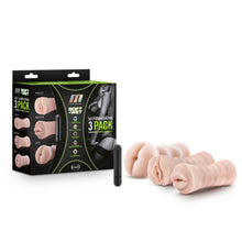 Load image into Gallery viewer, Left Side of package M for Men Soft + Wet Self Lubricating 3 Pack Vibrating Stroker Sleeve Set: Pussy, Mouth, and Ass. Front of package displayed on left side are strokers: Pussy; mouth; ass, in the middle M for Men Soft + Wet: Self Lubricating; Soft &amp; Supple; Textured Canal; Includes vibrating bullet; IPX7 Waterproof and below is blush logo. On right side Self-Lubricating 3 Pack Vibrating Stroker Sleeve Set. In middle of image is vibrating bullet, with strokers on the right side.
