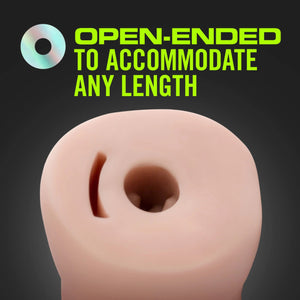 Open-Ended to Accommodate any length blush M for Men Sift + Wet 3-Pack Self-Lubricating Vibrating Stroker from the back showing the vibrating bullet hole, and the open end.