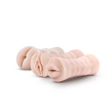 Load image into Gallery viewer, blush M for Men Sift + Wet 3-Pack Self-Lubricating Vibrating Strokers laying flat (left to right): Ass, Pussy, and Mouth.