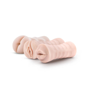 blush M for Men Sift + Wet 3-Pack Self-Lubricating Vibrating Strokers laying flat (left to right): Ass, Pussy, and Mouth.