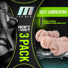 Load image into Gallery viewer, M For Men Soft + Wet 3 Pack Self-Lubricating Includes Vibrating Bullet, on the right are the products (top to bottom): ass, pussy, and mouth.