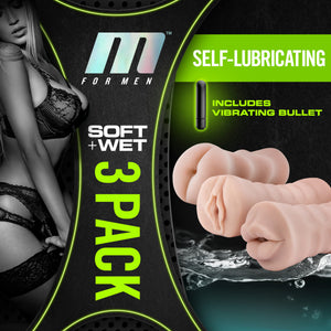 M For Men Soft + Wet 3 Pack Self-Lubricating Includes Vibrating Bullet, on the right are the products (top to bottom): ass, pussy, and mouth.