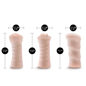 blush M for Men Sift + Wet 3-Pack Self-Lubricating Vibrating Stroker Set Product Sizes (left to right): Pussy length: 13.3 cm / 5.25", width: 5.7 cm / 2.25"; Mouth length: 13.3 cm / 5.25", width: 5.7 cm / 2.25"; Ass length: 12.7 cm / 5", width: 5.7 cm / 2.25".
