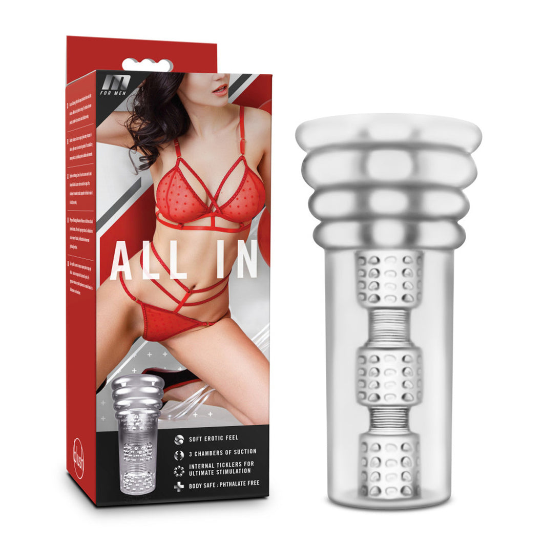 On the left side of the image is front of a package M For Men All In, the product is displayed on the bottom left-hand corner, and beside are product features: Soft erotic feel; 3 chambers of suction; Internal ticklers for ultimate stimulation; Body safe: Phthalate free. on the right side is the product, vertically on it's back.