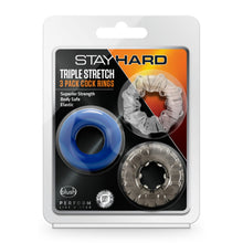 Load image into Gallery viewer, blush Stay Hard Triple Stretch 3 Pack Cock Rings Packaging.  Superior Strength, body safe, Elastic. Perform Like a Stud
