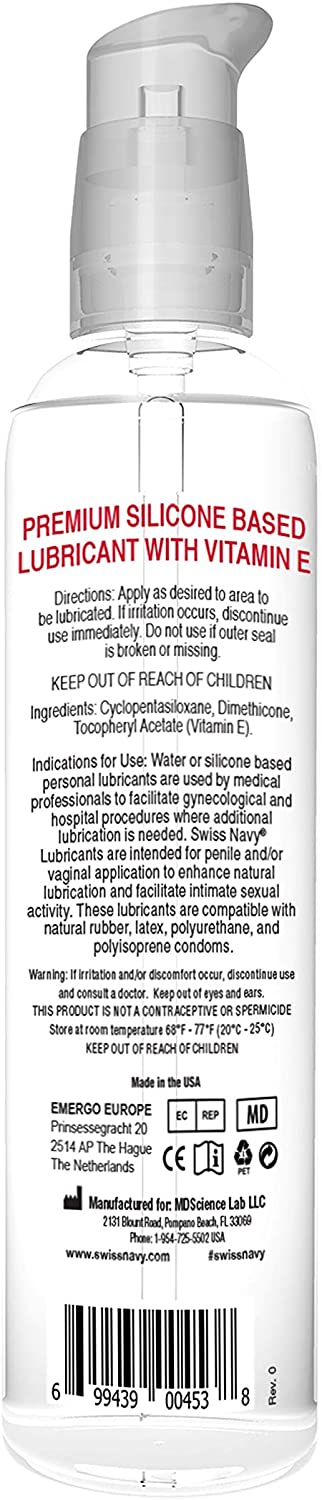 Swiss Navy Premium Silicone Based Lubricant with Vitamin E back label. Directions: Apply as desired to area to be lubricated. If irritation occurs, discontinue use immediately. Do not use if outer seal is broken or missing. KEEP OUT REACH OF CHILDREN. Ingredients: Cyclopentasiloxane, Dimethicone, Tocopheryl Acetate (vitamin E).