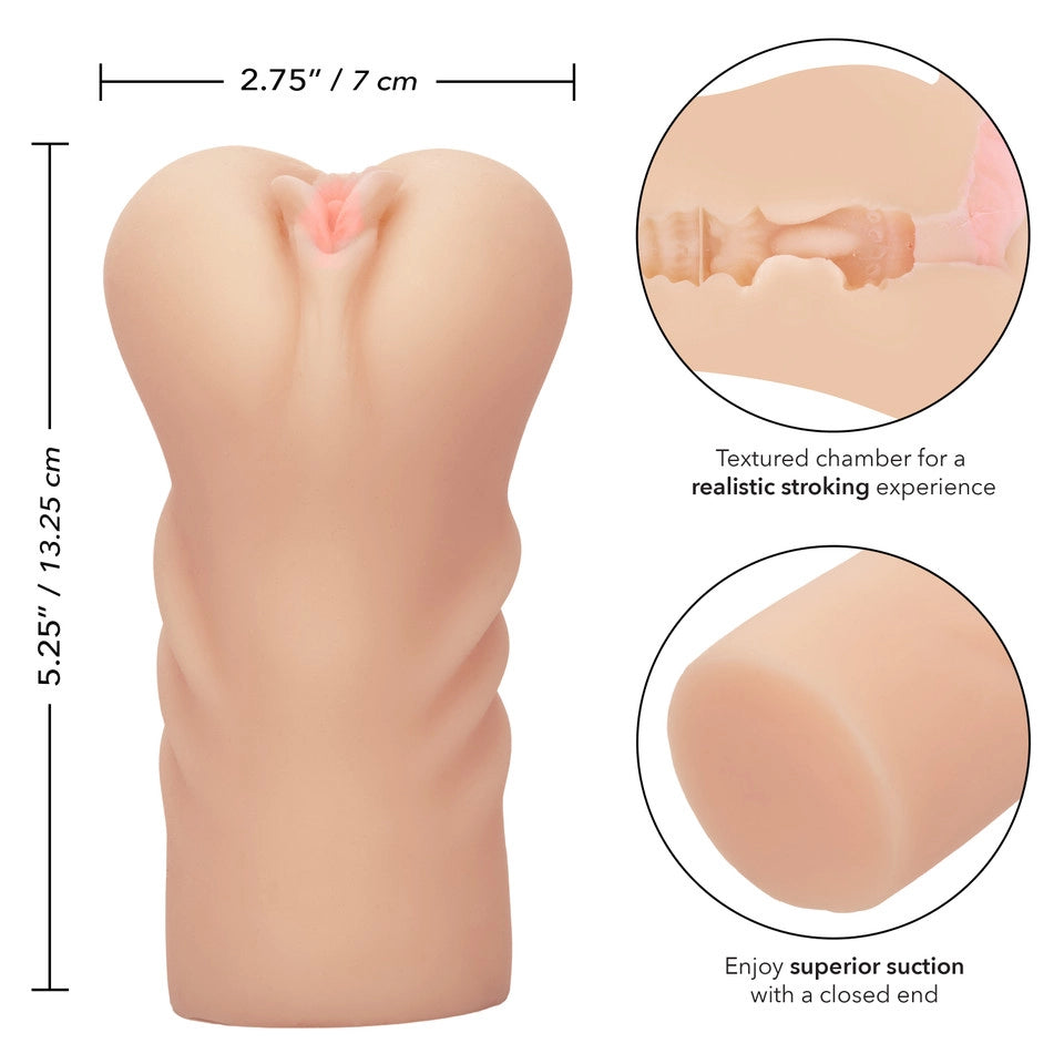 CalExotics Cheap Thrills The First Time product guide. Length: 13.25 cm / 5.25 inches, width: 7 cm / 2.75 inches. Textured chamber for a realistic stroking experience. Enjoy superior suction with a closed end.