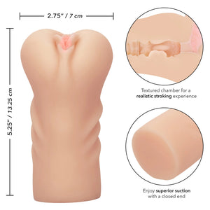 CalExotics Cheap Thrills The First Time product guide. Length: 13.25 cm / 5.25 inches, width: 7 cm / 2.75 inches. Textured chamber for a realistic stroking experience. Enjoy superior suction with a closed end.