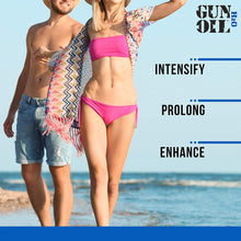Load image into Gallery viewer, A couple walking with a background of a shore out of focus. Gun Oil H2O logo on top right, and product features: Intensify; Prolong; Enhance
