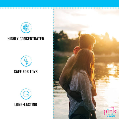 Highly concentrated, safe for toys, long-lasting. RIght side is an image of a young couple looking at a sunset by a body of water. Pink Water logo on the bottom right