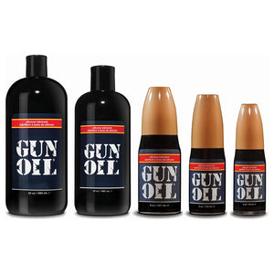 Gun Oil Silicone Lubricant Full Set sizes left to right: 960 ml / 32 oz, 480 ml / 16 oz, 237 ml / 8 oz, 120 ml / 4oz, 59 ml / 2 oz.