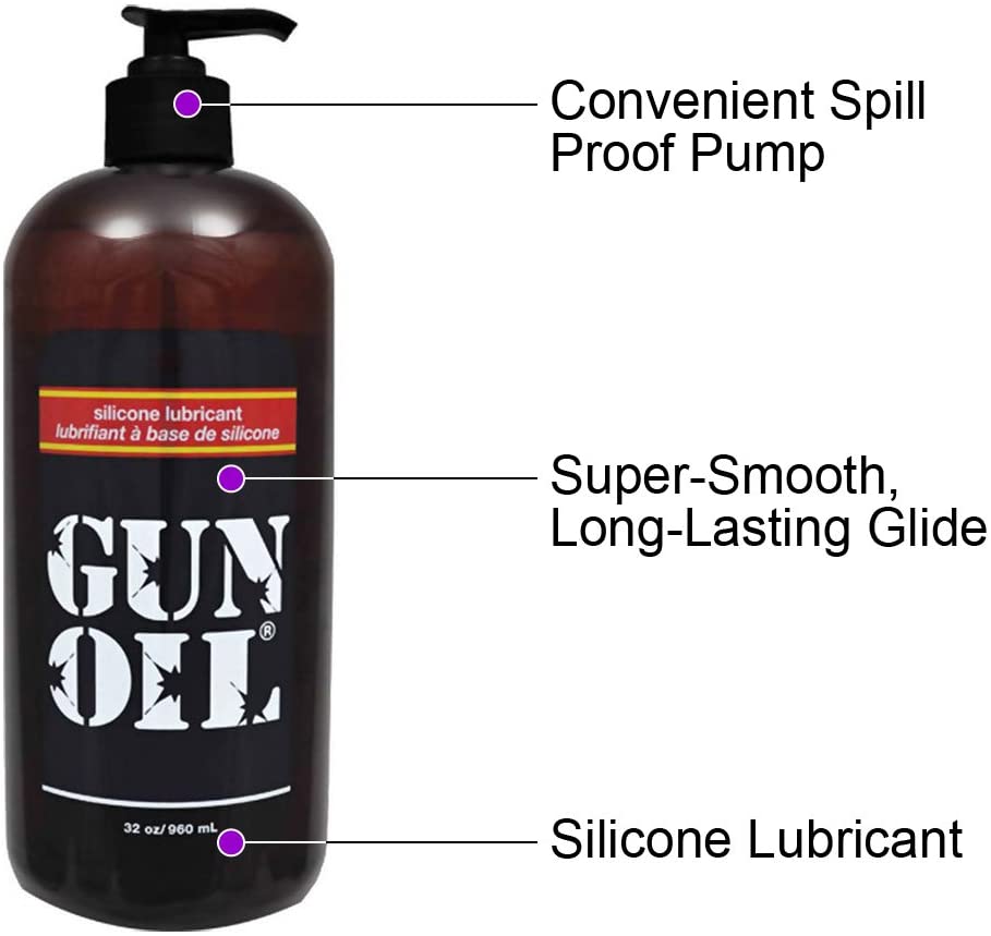 Gun Oil Silicone Lubricant 960 ml / 32 oz product features. Convenient spill proof pump. Super-smooth, long-lasting glide. Silicone Lubricant.