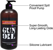 Load image into Gallery viewer, Gun Oil Silicone Lubricant 960 ml / 32 oz product features. Convenient spill proof pump. Super-smooth, long-lasting glide. Silicone Lubricant.