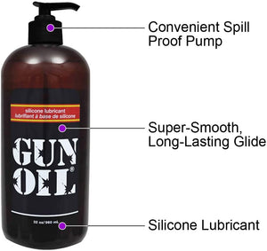 Gun Oil Silicone Lubricant 960 ml / 32 oz product features. Convenient spill proof pump. Super-smooth, long-lasting glide. Silicone Lubricant.