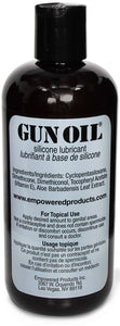 Gun Oil Silicone Lubricant Back Label. Ingredients: Cyclopentasiloxane, Dimethicone, Dimethiconol, Tocopheryl Acetate (Vitamin E), and Aloe Barbadensis Leaf Extract. www.empoweredproducts.com. For Topical use.Apply desired amount to genital areas. Not a contraceptive, and does not contain spermicide. If irritation or discomfort occurs, discontinue use and consult a doctor. Empowered Products Inc. 3367 W. Oquendo Rd. Las Vegas, NV 89118.
