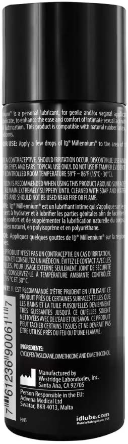 ID Millennium Pure Silicone Lubricant back label