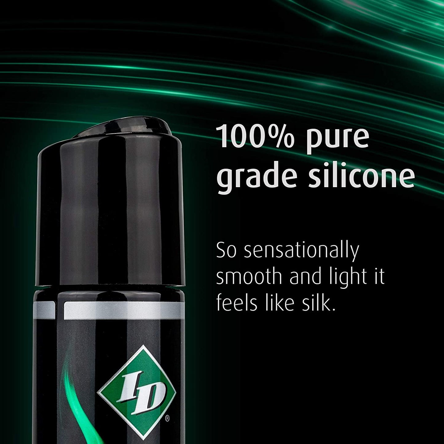 100% pure grade silicone. So sensationally smooth and light it feels like silk. On the left hand side is a top of the ID Millennium Pure Silicone Lubricant bottle. 