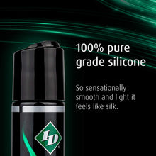 Load image into Gallery viewer, 100% pure grade silicone. So sensationally smooth and light it feels like silk. On the left hand side is a top of the ID Millennium Pure Silicone Lubricant bottle. 