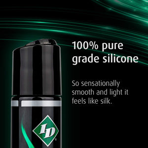 100% pure grade silicone. So sensationally smooth and light it feels like silk. On the left hand side is a top of the ID Millennium Pure Silicone Lubricant bottle. 