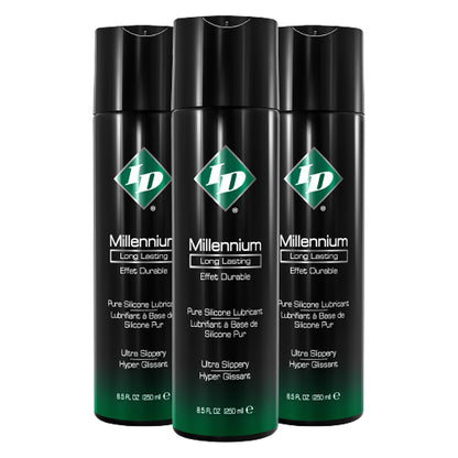 Three bottles of ID Millennium Long Lasting Pure Silicone Lubricant Ultra Slippery 8.5 fl. oz. / 250 ml.