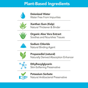 Plant-Based Ingredients: Deionized Water - Water Free From Impurities; Xanthan Gum (Kelp) - Natural Thickener & Binder; Organic Aloe Vera Extract - Soothes and Nourishes Tissues; Sodium Chloride - Natural Binding Agent; Propanediol (natural) - Naturally Derived Absorption Enhancer; Ethylhexylglycerin - Skin-Softening Preservative; Potassium Sorbate - Natural Antibacterial Preservative.