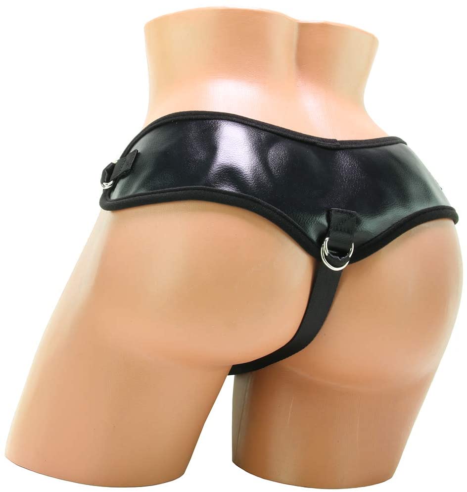 Back side of the Nasstoys Natural Realskin 8" Squirting Penis Strap On fitted on a mannequin.