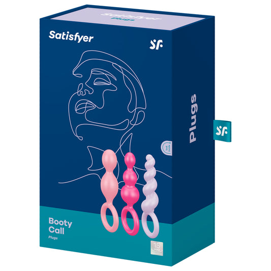 Front package of Satisfyer Booty Call Plugs Coloured variant. Contains one light pink plug, one pink plug, and one light purple plug, 15 year guarantee. On the side of the package written Plugs, with a "sf" logo tag.