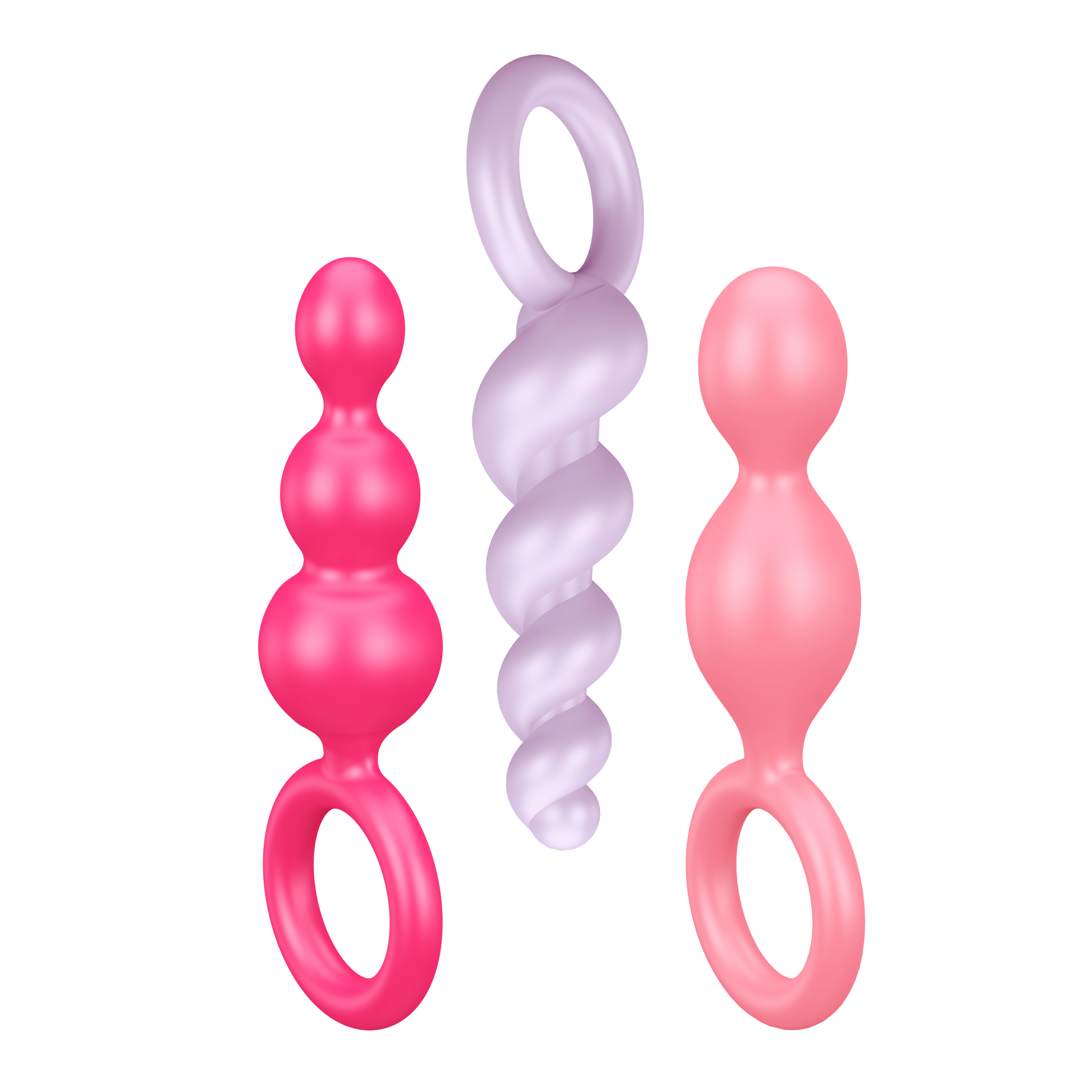 Satisfyer Booty Call Plugs coloured variant. One pink plug, upside down light purple plug, and a light pink plug.