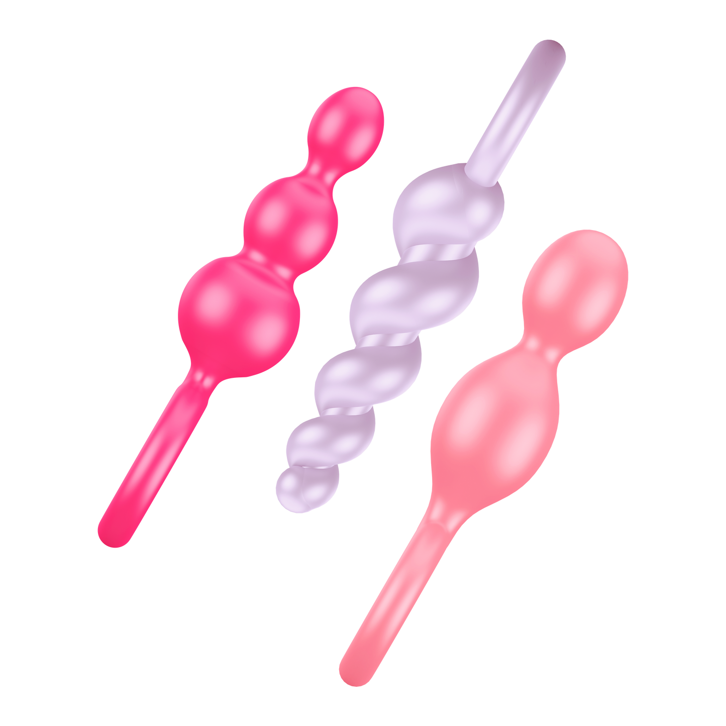 Satisfyer Booty Call Plugs Coloured variant side view, placed diagonally. Top to Bottom one pink plug, upside down light purple plug, and a light pink plug.