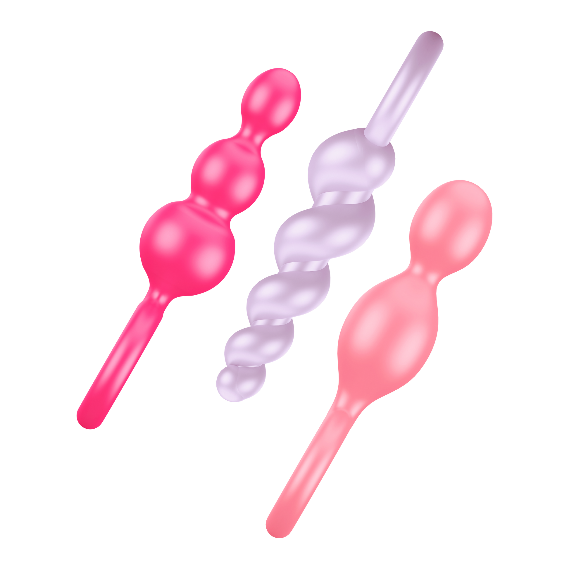 Satisfyer Booty Call Plugs Coloured variant side view, placed diagonally. Top to Bottom one pink plug, upside down light purple plug, and a light pink plug.