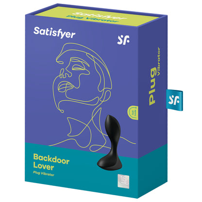 Package of Satisfyer Backdoor Lover Plug Vibrator. 15 Year Guarantee. Side of the package: Written Plug Vibrator, with "sf" logo tag.