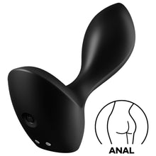 Load image into Gallery viewer, Satisfyer Backdoor Lover Plug Vibrator view of the side and front from the bottom, showing the charging ports on the bottom. icon for ANAL.