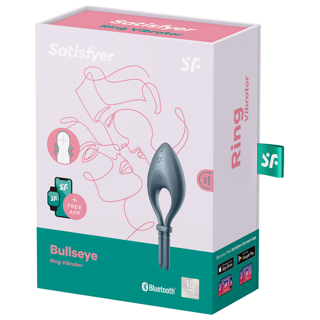 Satisfyer Bullseye Ring Vibrator Product Package + Free App, Bluetooth compatible, with 15 year manufacturer's guarantee. Side Package: Ring Vibrator Get your free Satisfyer Connect App, available on Apple App Store and on Google Play