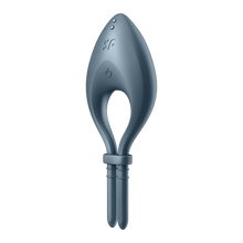 Load image into Gallery viewer, Satisfyer Bullseye Ring Vibratorview of the top from the side. Showing the power button, &quot;sf&quot; logo, and charging ports.