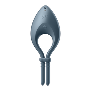Satisfyer Bullseye Ring Vibrator product top view. Visible the power button, "sf" logo, and the charging port.
