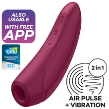 Charger l&#39;image dans la galerie, Also usable with Free App, CES Innovation Awards 2021 Honoree. In the middle is the Satisfyer Curvy 1+ Air Pulse Stimulator + Vibration, with the 3 control buttons visible on the top of the product (top to bottom) is the horizontal for vibration programme, arching air pulse waves facing up/power button, and arching air pulse waves facing down, aligned vertically. On the bottom right side of the image is an icon for 2 in 1 Air Pulse + Vibration.