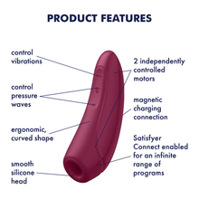 Load image into Gallery viewer, Satisfyer Curvy 1+ Air Pulse Stimulator + Vibration Product Features (clockwise): 2 independently controlled motors (pointing to top and bottom of product); magnetic charging connection (pointing to back of product); Satisfyer Connect enabled for an infinite range of programs (pointing to lower part); smooth silicone head (pointing to bottom); ergonomic curved shape (pointing to left side); control pressure waves (pointing to 2 lower control buttons); control vibration (pointing to top control button).