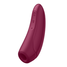 Load image into Gallery viewer, Front side view of the Satisfyer Curvy 1+ Air Pulse Stimulator + Vibration on the top are the three control buttons (top to bottom): marked by horizontal S for vibration programs, the middle button with arching air waves facing up is the power button, and controls the intensity of the Air Pulse Waves, with the bottom button that has the arching air waves facing the opposite direction