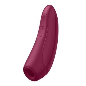 Front side view of the Satisfyer Curvy 1+ Air Pulse Stimulator + Vibration on the top are the three control buttons (top to bottom): marked by horizontal S for vibration programs, the middle button with arching air waves facing up is the power button, and controls the intensity of the Air Pulse Waves, with the bottom button that has the arching air waves facing the opposite direction