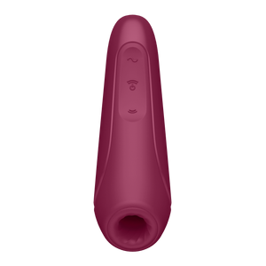 Front of the Satisfyer Curvy 1+ Air Pulse Stimulator + Vibration, on the top of the product are 3 control buttons (top to bottom): Vibration Control, power button/air pulse intensity, and the bottom button the opposite air pulse intensity control.