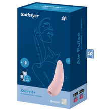 Charger l&#39;image dans la galerie, Front of the package on the top are the Satisfyer logos, on the left is an icon for Air Pulse + Vibration, below are smart devices + Free App (to indicate compatibility), on the left is the product name Curvy 2+ Air Pulse Stimulator + Vibration. On the right side is the product with controls visible on the top of the product, and on bottom right is a Bluetooth logo, and a 15 year guarantee mark. On the right side of the package is written Air Pulse Stimulator + Vibration.