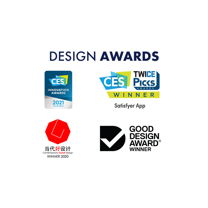 Design Awards for Satisfyer Curvy 2+ Air Pulse Stimulator: CES Innovation Awards 2021 Honoree, CES Twice Picks Winner Satisfyer App, Contemporary Good Design Winner 2020, and Good Design Award Winner.