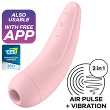 Load image into Gallery viewer, Also Usable with free app, CES Innovation Awards 2021 Honoree, in the middle is the Satisfyer Curvy 2+ Air Pulse Stimulator, on the top are the control buttons top to bottom: Vibration Control Programme shaped as horizontal S, below is the power button, and Air Pulse Intensity marked by arching air waves, and below is the opposite air pulse intensity, marked by arching air pulse waves facing the opposite way. On the bottom right is an icon for 2 in 1 Air Pulse + Vibration.