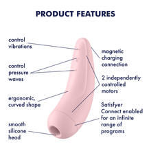 Load image into Gallery viewer, Satisfyer Curvy 2+ Air Pulse Stimulator Product Features (clockwise): magnetic charging connection (pointing behind product on top); 2 independently controlled motors (pointing to top and bottom of product), Satisfyer Connect enabled for an infinite range of programs (pointing to bottom part); smooth silicone head (pointing to the head); ergonomic curved shape (pointing to left side); control pressure waves (pointing to bottom control buttons); control vibrations (pointing to top control button).